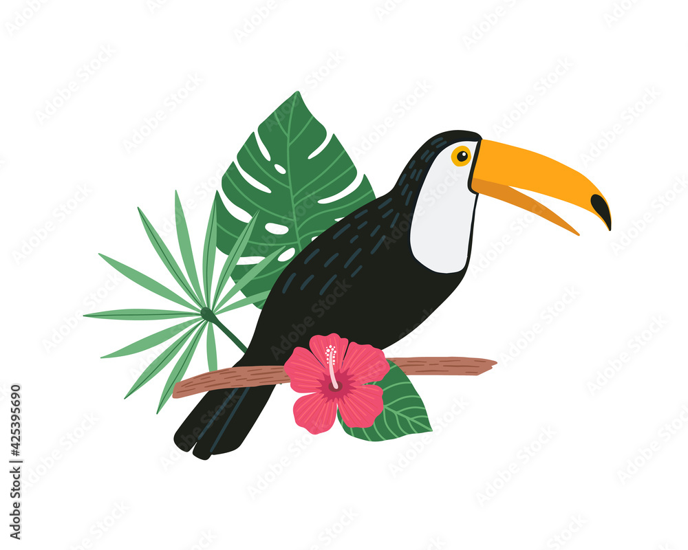 Fototapeta premium Cute toucan bird sitting on a tropical branch with exotic leaves and flowers of hibiscus and plumeria. Bright colorful vector toucan illustration in cartoon style