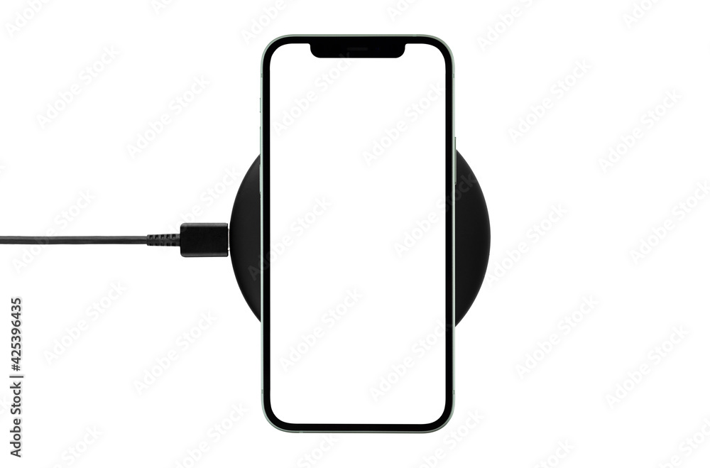 Smartphone with blank screen on wireless charging isolated on white background. - obrazy, fototapety, plakaty 