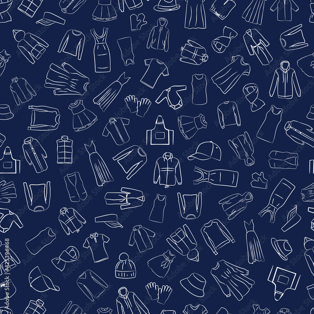 Apparel Seamless pattern, Hand drawn objects white line. Different clothing of men and women vector illustration Apparel Seamless pattern, Hand drawn objects white line. Different clothing of men and women vector illustration