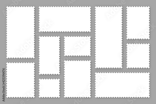 Blank white postage stamps collection. Sticky paper stamp. Vector illustration.
