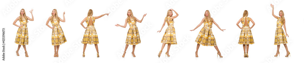 Pretty girl in yellow floral dress isolated on white Pretty girl in yellow floral dress isolated on white