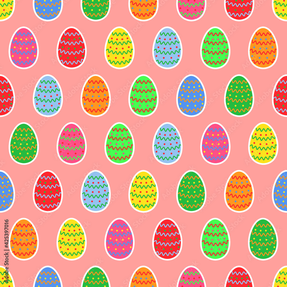 Seamless pattern of Easter eggs stickers of different pastel colors with colorful patterns on white background. Vector illustration. Seamless pattern of Easter eggs stickers of different pastel colors with colorful patterns on white background. Vector illustration.