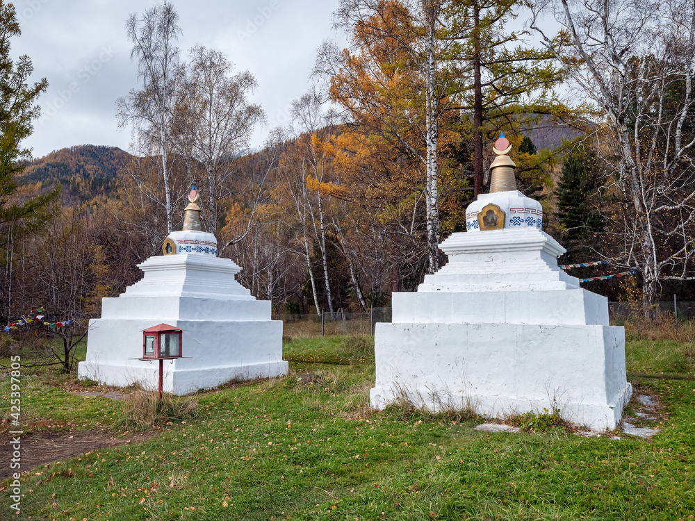 Eastern Sayans, Buryatia. Buddhist stupa in the courtyard of Bodhidharma Datsan in Arshan settlement.