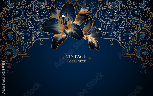 Vintage luxury frame in oriental stylewith lily flower. Element for the design of cards, invitations, celebrations, ceremonies, flyers.