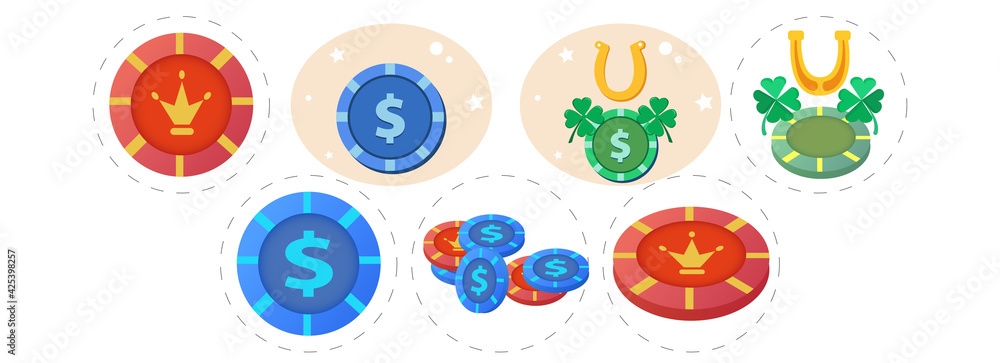 Casino chip vector illustration set, chip simple flat icon Casino chip vector illustration set, chip simple flat icon
