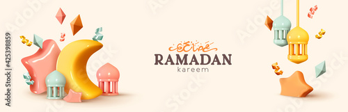 Ramadan Kareem horizontal banner, template header for website. Realistic 3d design elements. Traditional religious symbol crescent, hanging lanterns, volume stars, gold confetti. Vector illustration