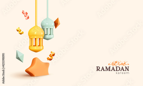 Ramadan Kareem holiday background. Realistic 3d design elements, hanging lanterns, volume stars, falling gold confetti. Celebrate holy month of Ramadan. Flyer, stylish brochure, greeting card, cover.