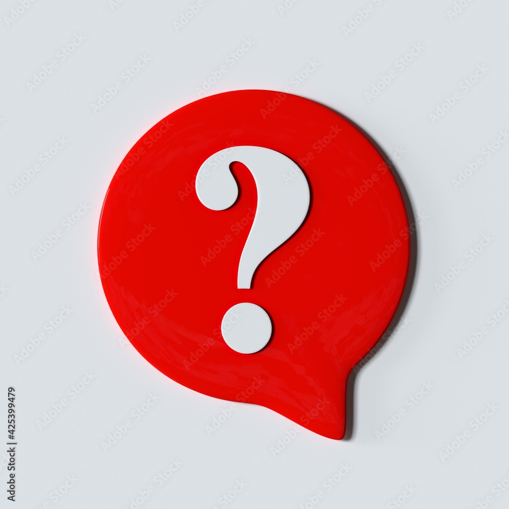 Question mark icon with 3d effect. Red and white speech bubble sign. 3d rendering Question mark icon with 3d effect. Red and white speech bubble sign. 3d rendering