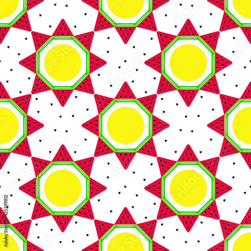 seamless background with watermelon slices in the form of a flower wth sun. vector. summer