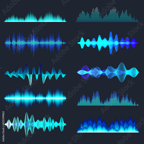 Blue colorful sound waves collection. Analog and digital audio signal. Music equalizer. Interference voice recording. High frequency radio wave. Vector illustration.
