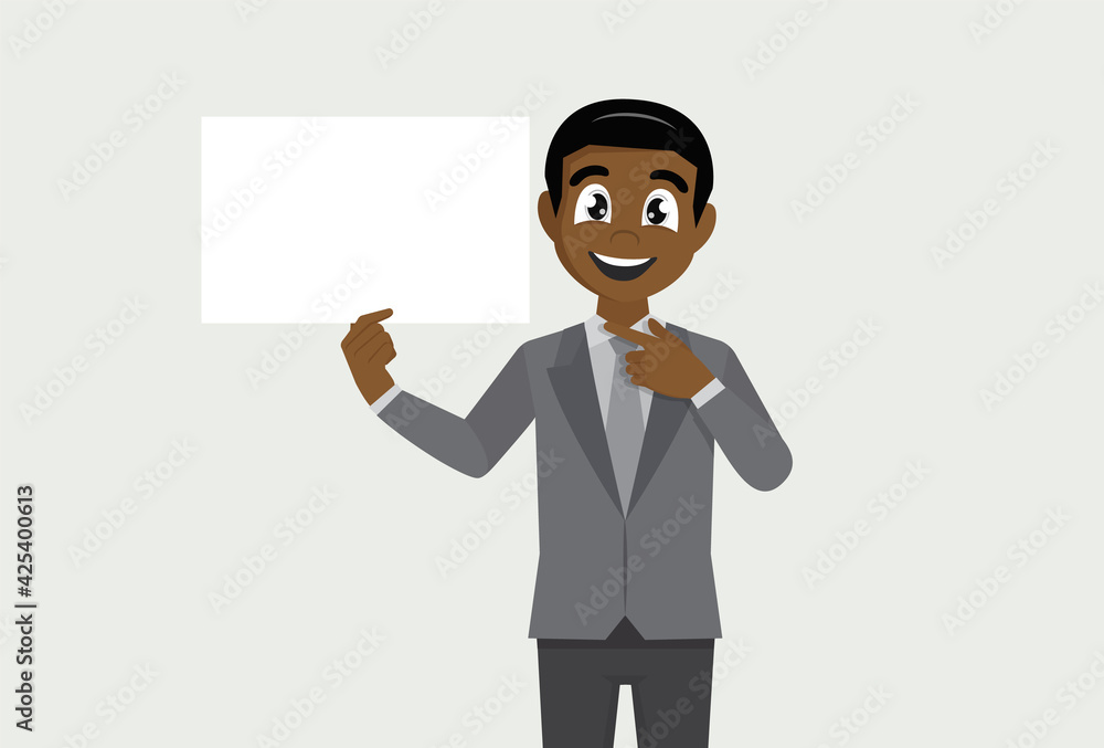 African businessman showing blank white poster and pointing finger. African businessman showing blank white poster and pointing finger.