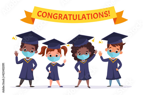 Happy graduated children wearing medical masks, academic gown and cap. Multicultural kids celebrating Kindergarten graduation together. Flat cartoon vector illustration.