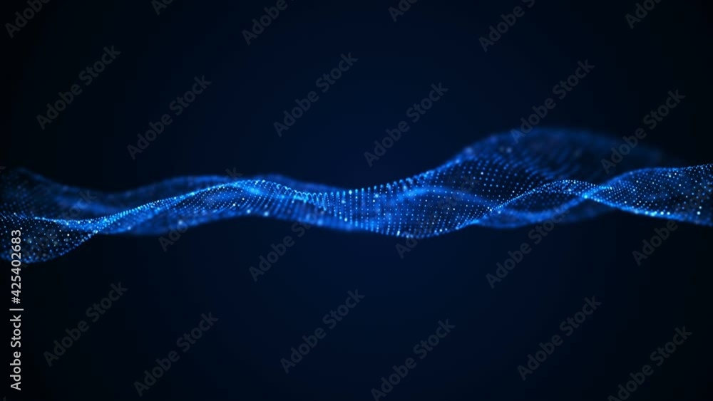 Abstract particle wave form animation on blue background. 4K motion graphic screen saver seamless loop.