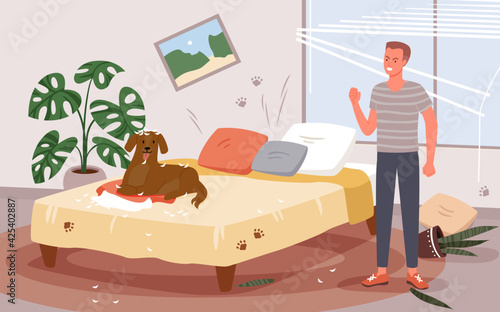 People scold dog behavior problem, angry man scolding doggy for messy chaos in bedroom
