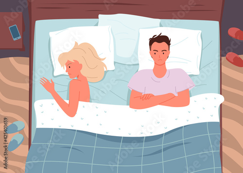 Couple people in bed, family man woman lying apart, angry wife and husband quarrel
