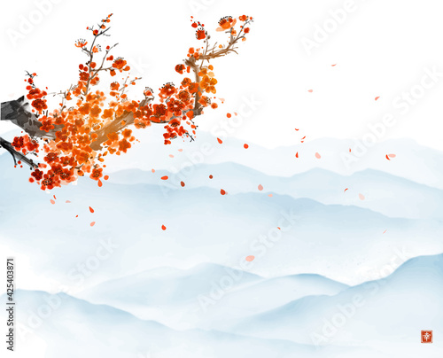 Oriental cherry blossom branch and falling sakura petals. Traditional oriental ink painting sumi-e, u-sin, go-hua on white glowing background. Translation of hieroglyph - happiness