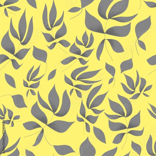 Seamless floral pattern, gray leaves on yellow background . Hand drawing illustration