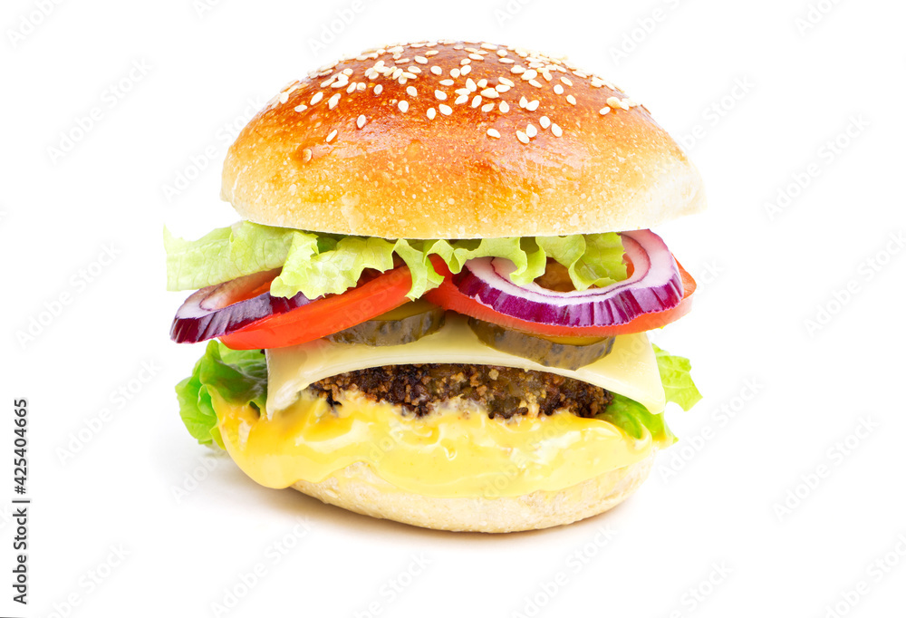 Cheeseburger isolated on a white background. Hamburger with cheese. Burger isolated Cheeseburger isolated on a white background. Hamburger with cheese. Burger isolated