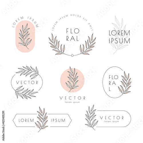 Floral vector logo and emblem templates set with elegant leaf illustration.