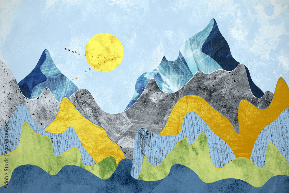 Minimal landscape with big and colorful mountains