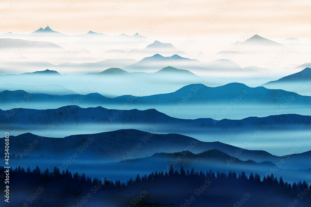 Valleys and forests during a peaceful dawn