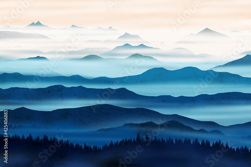 Obraz na płótnie Valleys and forests during a peaceful dawn w salonie