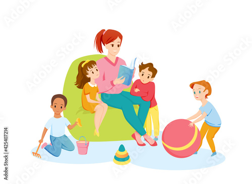 Teacher and preschool children read book together, young happy woman reading storybook