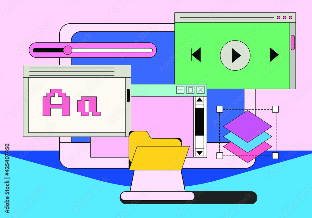 Computer screen with programs and applications. Conceptual flat vector ...