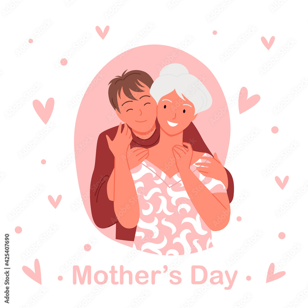 Mothers day concept, young happy boy son hugging old mother or grandmother with love Mothers day concept, young happy boy son hugging old mother or grandmother with love