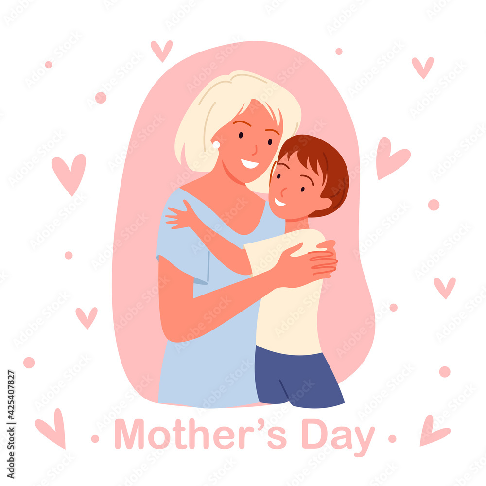 Cartoon young happy mom holding baby boy in hands with love, mother loving and hugging baby kid, pink greeting card poster template. Mothers day concept. Cartoon young happy mom holding baby boy in hands with love, mother loving and hugging baby kid, pink greeting card poster template. Mothers day concept.