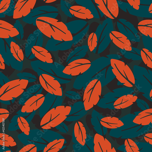 Pattern with leaves, background with seamless elements. Leaves are orange and blue. Design over dark gray background. Modern illustration. For printing on fabrics, covers and cushions.