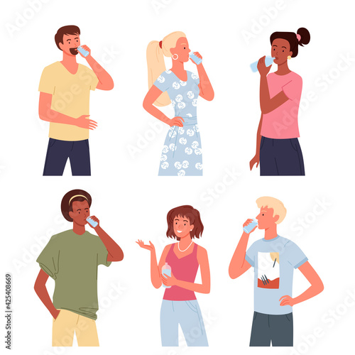 People drink water set, young man woman standing and drinking refreshing beverage
