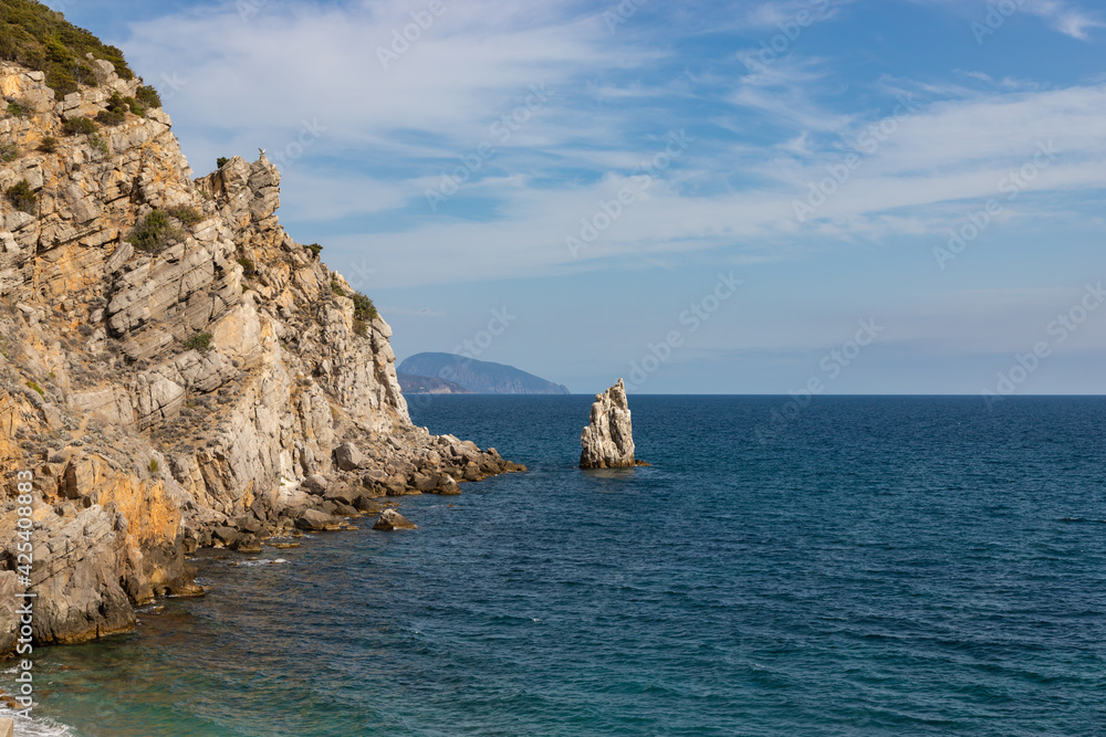 Coastal seascape landscape of the Black sea coast near Yalta, town Simeiz, Crimea.