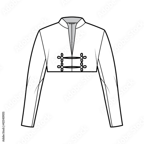Spencer jacket technical fashion illustration with crop length, long sleeves, stand collar, button frog closure. Flat blazer template front, white color style. Women, men, unisex top CAD mockup