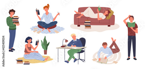Cartoon young woman holding book and studying, man character sitting at table doing homework, happy girl lying on cozy sofa and reading book. People study learn or work at home vector illustration set