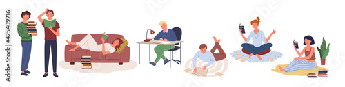 Cartoon young boy holding books stack from home library or bookstore, cute girl character lying on cozy sofa and reading paper books background. People study learn or work at home vector illustration