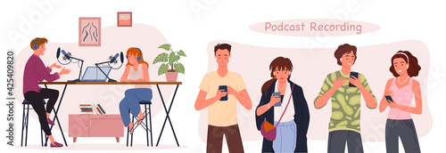 Blogger vlogger people streaming with camera and microphone, podcasting for audience