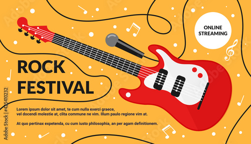 Cartoon rock musical festival instrument on background, artistic live concert, listening to music creative poster design. Rock music art festival.