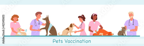 Veterinary clinic hospital, healthcare service vector illustration set. Cartoon visit to veterinarian doctor woman man characters, pet dog domestic animals on medical vet checkup isolated on white.