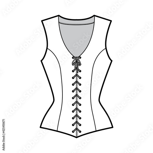 Bodice vest waistcoat technical fashion illustration with sleeveless, V-neck, lacing front closure, fitted body. Flat template back, white, grey color style. Women, men, unisex top CAD mockup