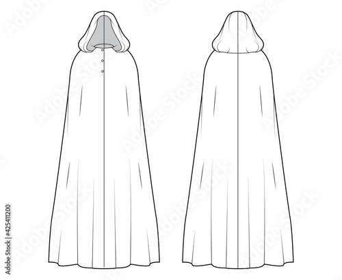 Cloak coat technical fashion illustration with hood, oversized trapeze body, floor maxi length, button closure. Flat jacket template front, back, white color style. Women, men, unisex top CAD mockup