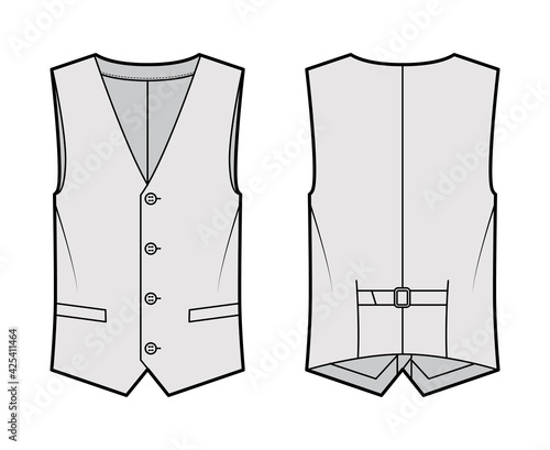 Lapelled vest waistcoat technical fashion illustration with sleeveless, notched shawl collar, button-up closure, pockets. Flat template front, back, grey color style. Women, men, unisex top CAD mockup