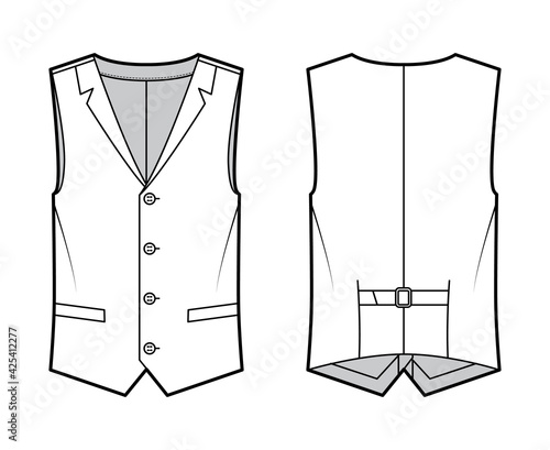 Lapelled vest waistcoat technical fashion illustration with sleeveless, notched shawl collar, button-up closure, pockets. Flat template front, back, white color style. Women, men unisex top CAD mockup