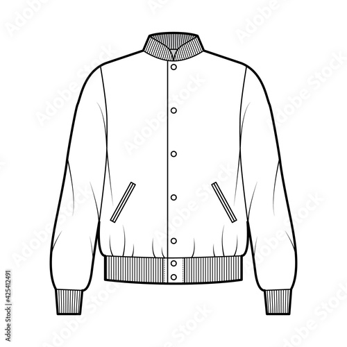 Varsity Bomber jacket technical fashion illustration with Rib baseball collar, cuffs, jetted pockets, buttons fastening, long sleeves. Flat coat template front, white color. Women men unisex top CAD