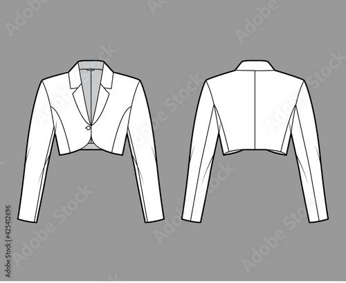 Bolero jacket technical fashion illustration with crop waist length, long sleeves, notched collar, button closure. Flat blazer template front, back, white color style. Women, men unisex top CAD mockup