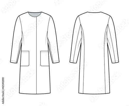 Straight coat technical fashion illustration with long sleeves, oversized body, knee length, pocket, hide closure. Flat jacket template front, back, white color style. Women, men unisex top CAD mockup