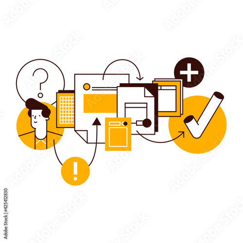 Document flow concept icons, thin line, flat design. Design of business workflow organization, marketing planning flow chart, office management process, supplies for work