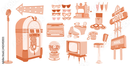 Nostalgic 1950th objects set. Retro typewriter, vintage jukebox, bubble gum machine, rollers, milkshakes, bar chair, retro telephone, sewing machine, sunglasses, vinyl box, microphone, motel sign, gun