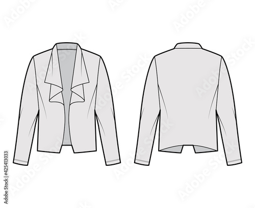 Roomy jacket technical fashion illustration with oversized, long sleeves, wrap collar opening. Flat coat template front, back, grey color style. Women, men, unisex top CAD mockup
