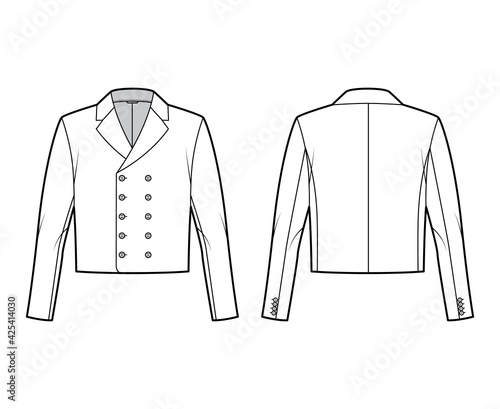 Monkey jacket technical fashion illustration with double breasted, long sleeves, notched collar, waist length. Flat coat template front, back, white color style. Women, men, unisex top CAD mockup